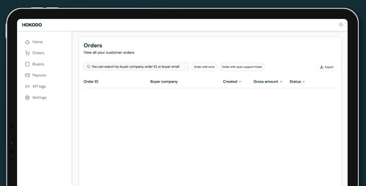 Ipad showing an overview of orders in the merchant dashboard