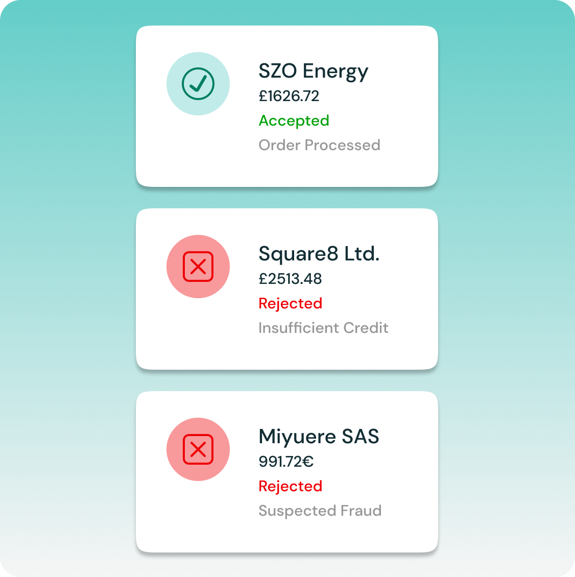 Notifications for B2B merchants showing reasons for rejected orders.