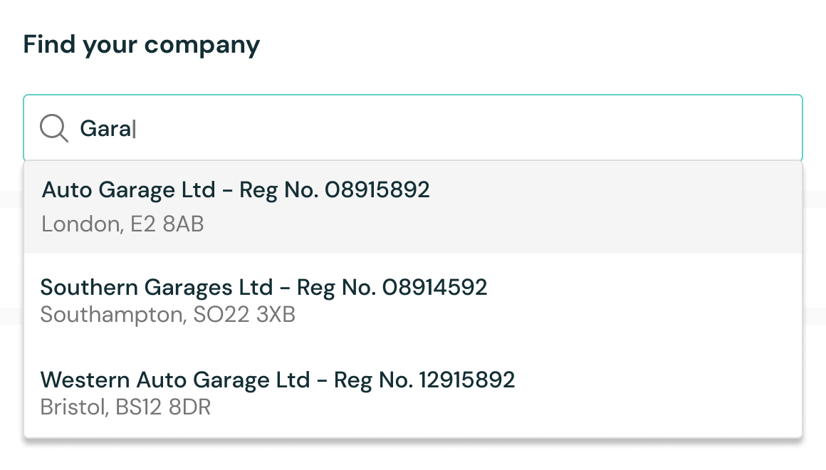 Online checkout interface with a 'Find your company' dropdown menu displaying a list of businesses for the customer to choose from.