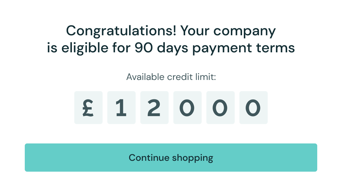 Pop-up notification showing an online buyer their credit limit of £12000.