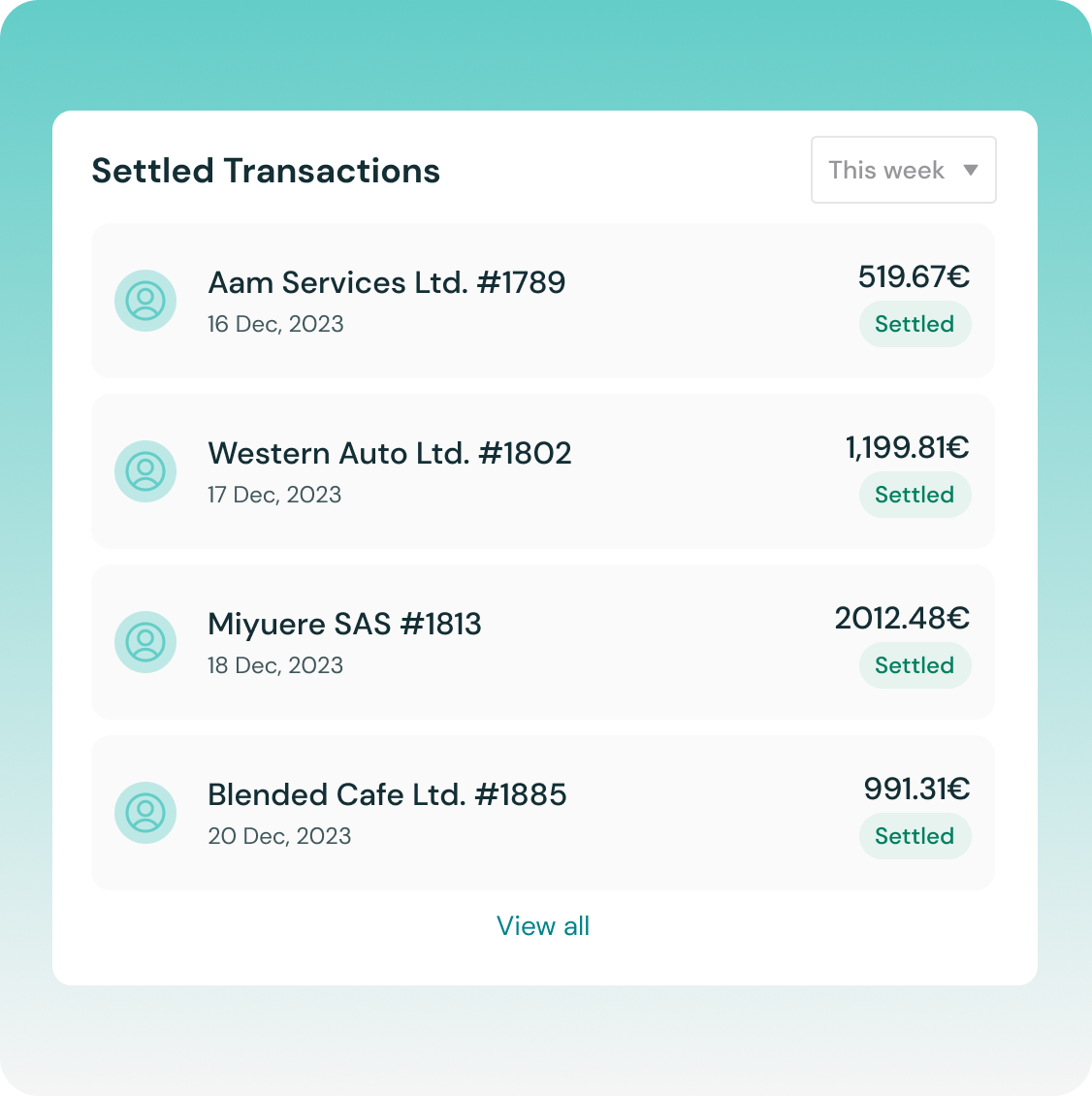 Portal showing B2B merchants all of their settled orders.