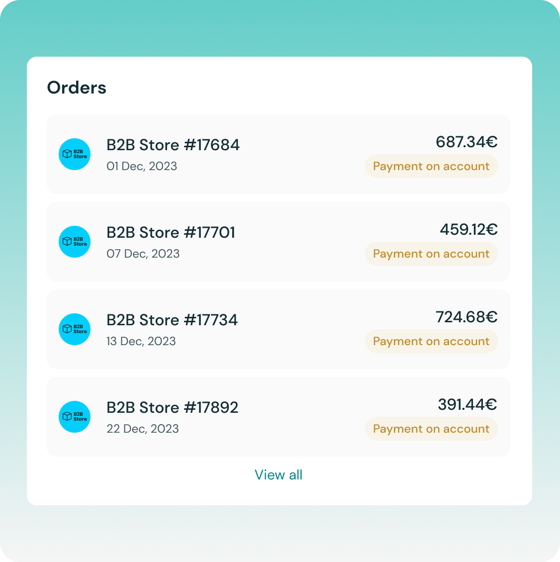 Graphic showing recent orders that have been paid on account.