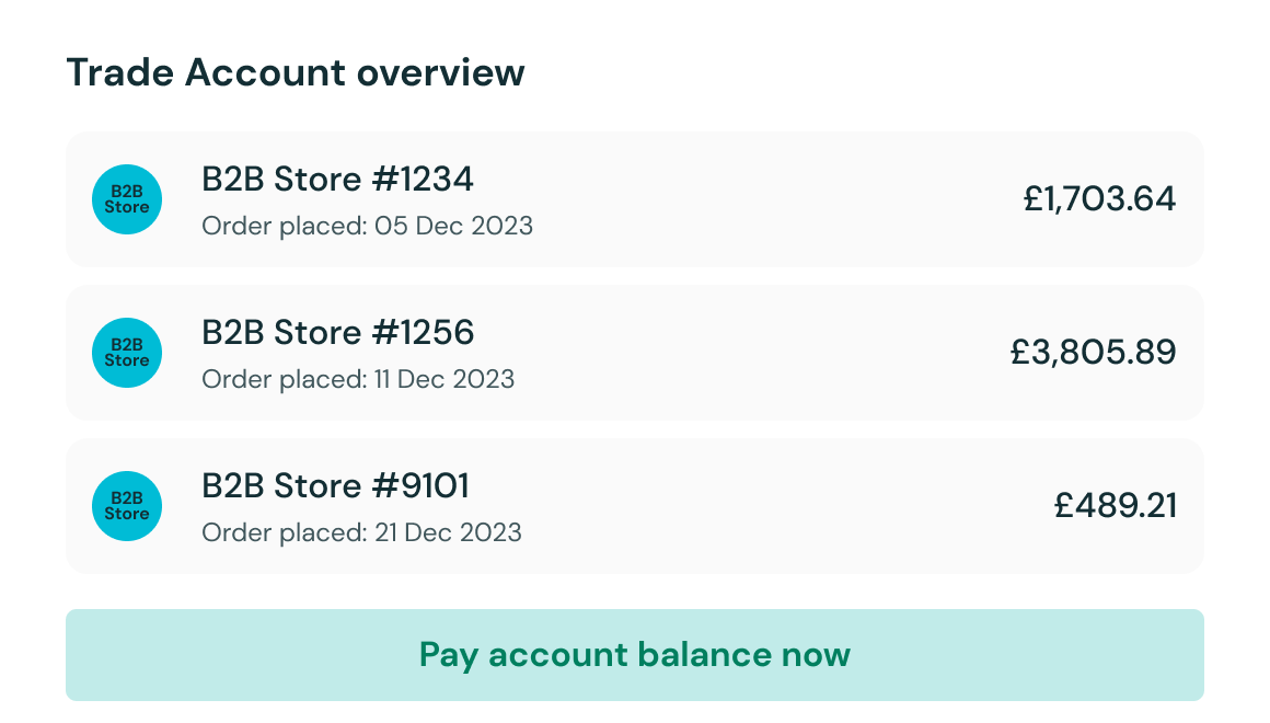 Buyer portal page showing trade account overview, recent orders and the option to pay account balance now.
