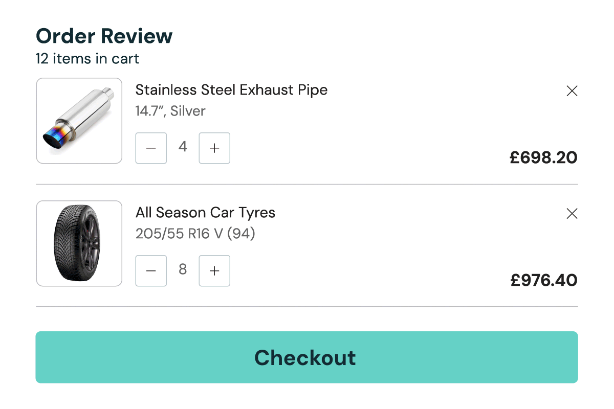 Animated GIF demonstrating the checkout process for instalment payments. Shows order review, selecting payment options, confirming order, processing checkout, and thank you message.