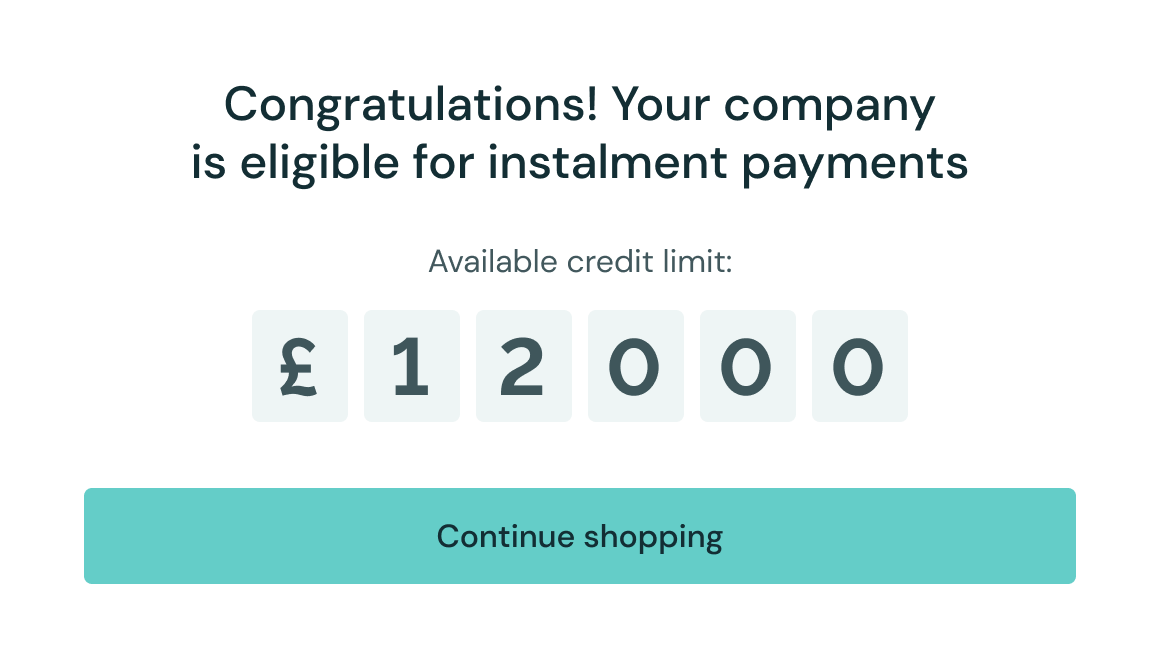 Pop-up showing an online buyer their credit limit of £12000