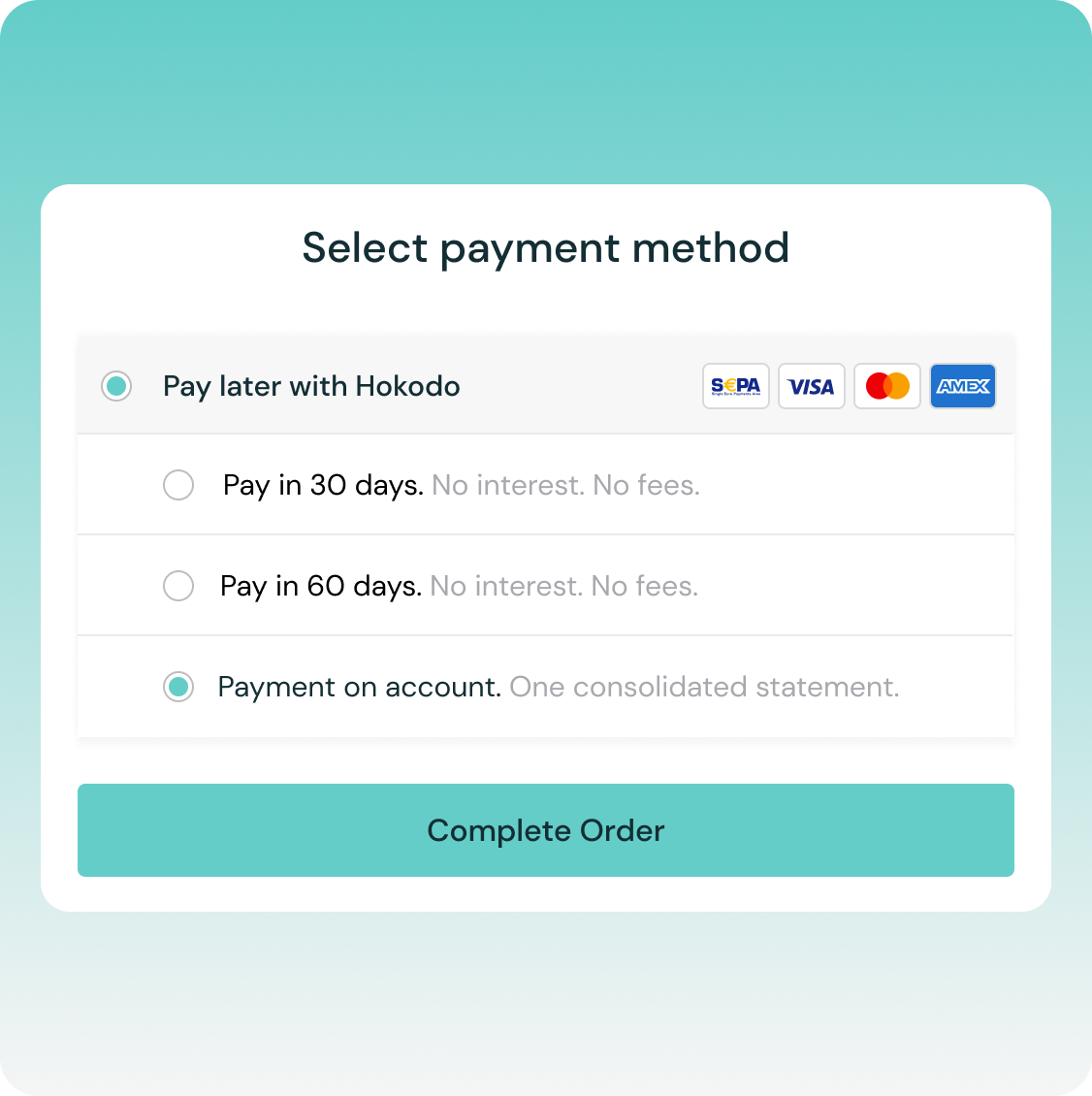 Graphic showing the payment terms available to a B2B buyer. ‘Payment on account’ is selected.