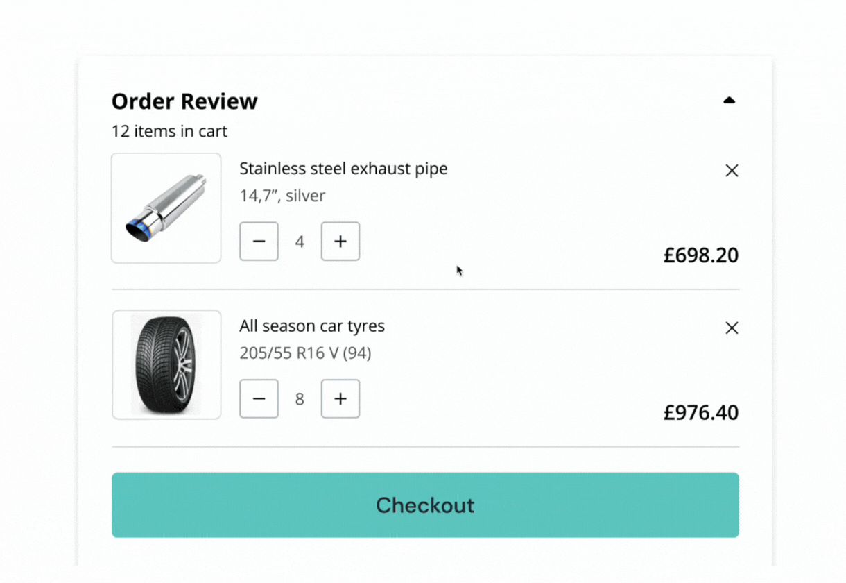 Animated GIF demonstrating checkout process for payment terms. Shows order review, selecting payment options, confirming order, processing checkout, and thank you message.