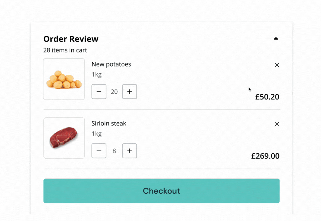 Animated GIF demonstrating checkout process for payment terms. Shows order review, selecting payment options, confirming order, processing checkout, and thank you message.