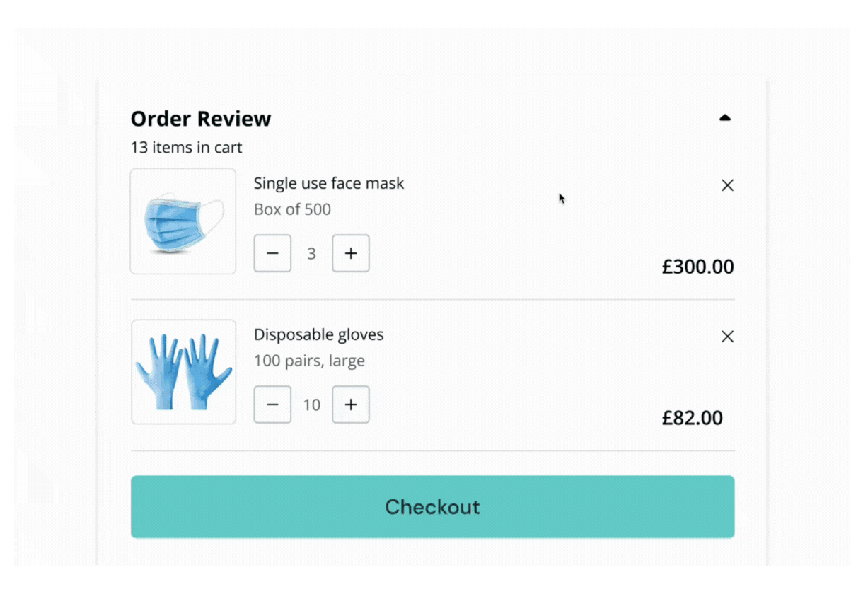 Animated GIF demonstrating checkout process for payment terms. Shows order review, selecting payment options, confirming order, processing checkout, and thank you message.