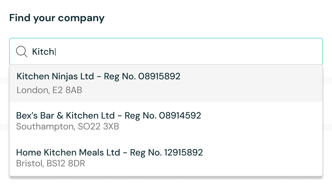 Online checkout interface with a 'Find your company' dropdown menu displaying a list of businesses for the customer to choose from.