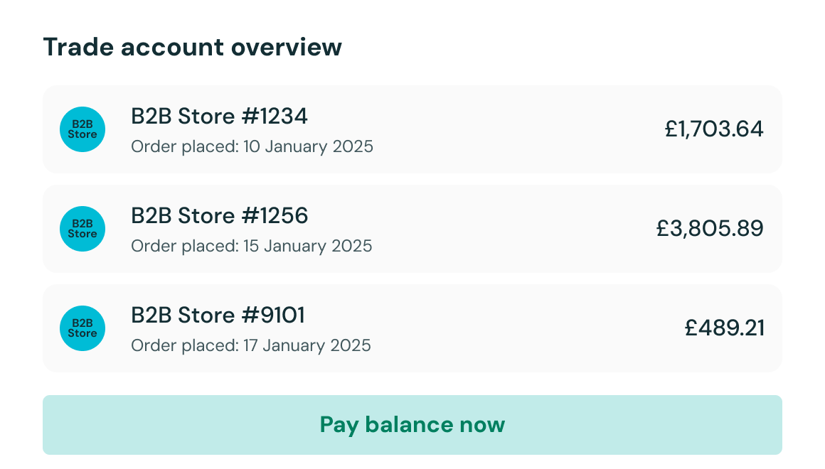Table displaying orders to be settled by a B2B buyer.