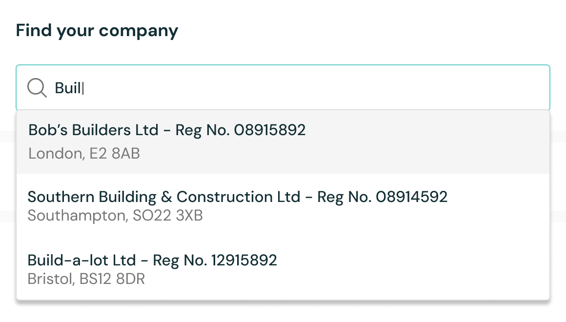 Online checkout interface with a 'Find your company' dropdown menu displaying a list of businesses for the customer to choose from.