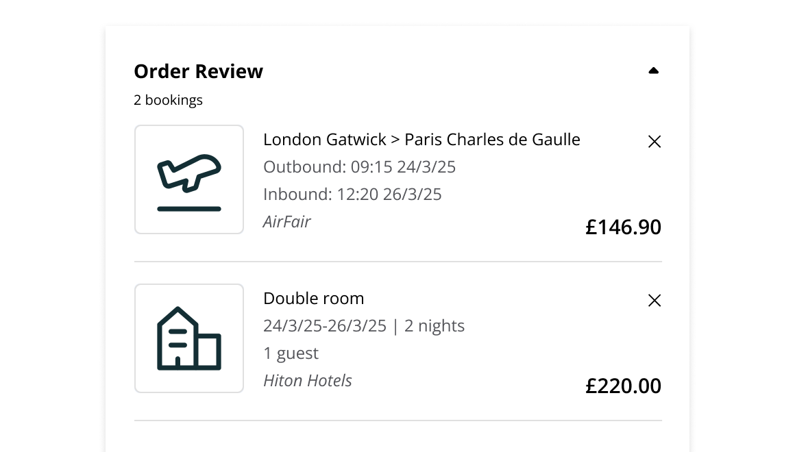 Corporate travel checkout page showing basket with bookings ready for confirmation.