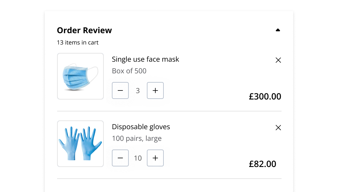 B2B e-commerce checkout page showing basket with items ready for checkout.