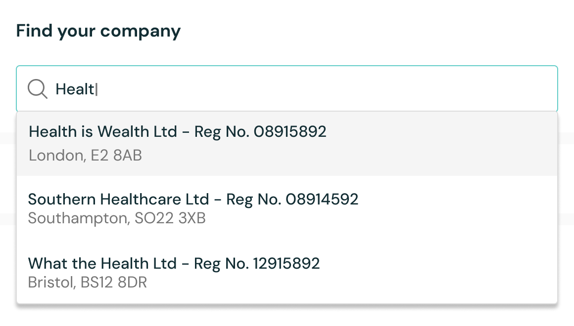 Online checkout interface with a 'Find your company' dropdown menu displaying a list of businesses for the customer to choose from.