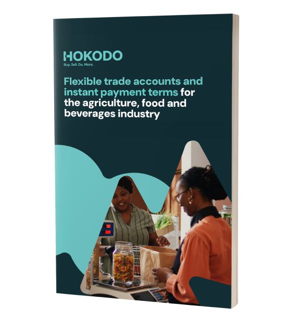 Brochure cover mockup featuring the title 'Flexible trade accounts and instant payment terms for the agriculture, food, and beverages industry’.