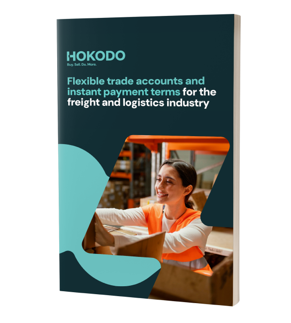 Brochure cover mockup featuring the title 'Flexible trade accounts and instant payment terms for the freight and logistics industry'.