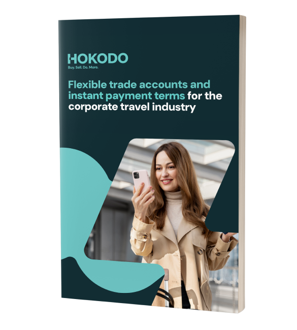 Brochure mockup featuring the title 'Flexible trade accounts and instant payment terms for the corporate travel industry’.