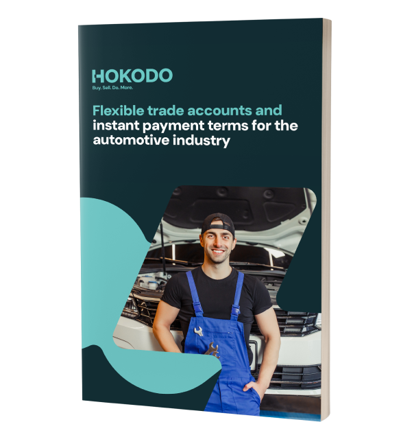 Brochure cover mockup featuring the title 'Flexible trade accounts and instant payment terms for the automotive industry’.