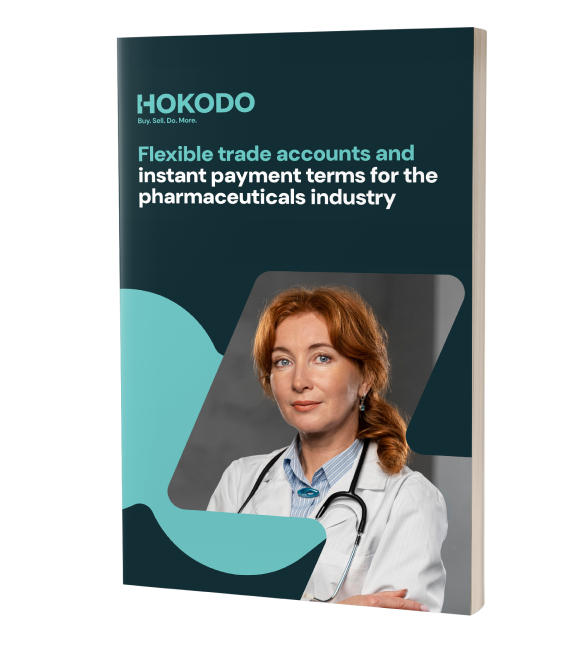 Brochure cover mockup featuring the title 'Flexible trade accounts and instant payment terms for the pharmaceutical industry’. 