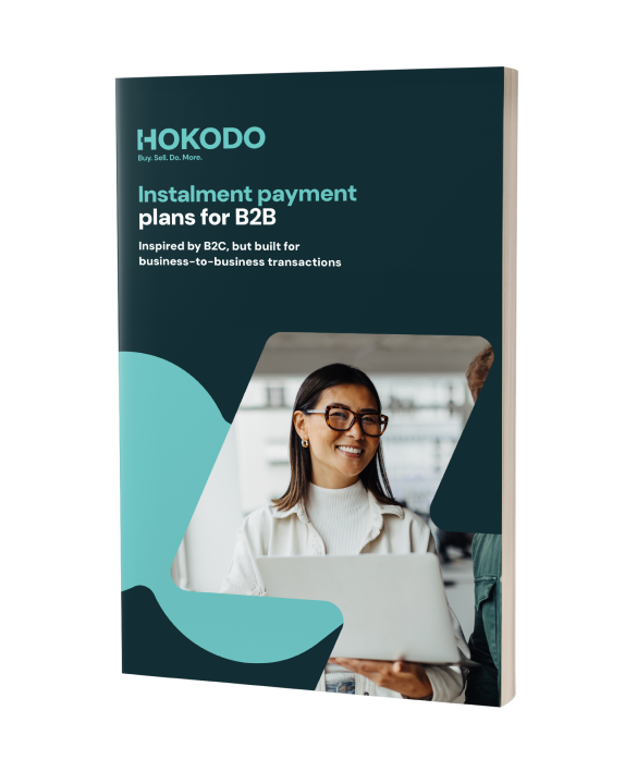 Brochure cover mockup featuring the title 'Instalment payment plans for B2B: inspired by B2C, but built for business transactions'.