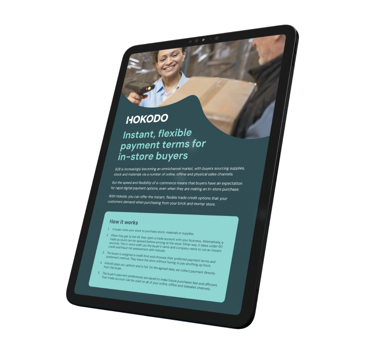 Brochure mockup on a tablet screen with the title ‘Instant, flexible payment terms for in-store buyers’.