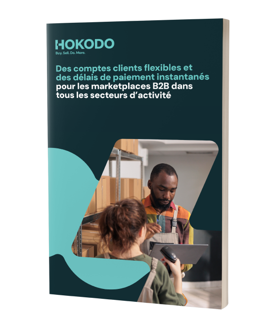 Maquette de couverture de brochure portant le titre “Comptes clients flexibles et délais de paiement instantanées pour les places de marché B2B dans tous les secteurs d'activité”.