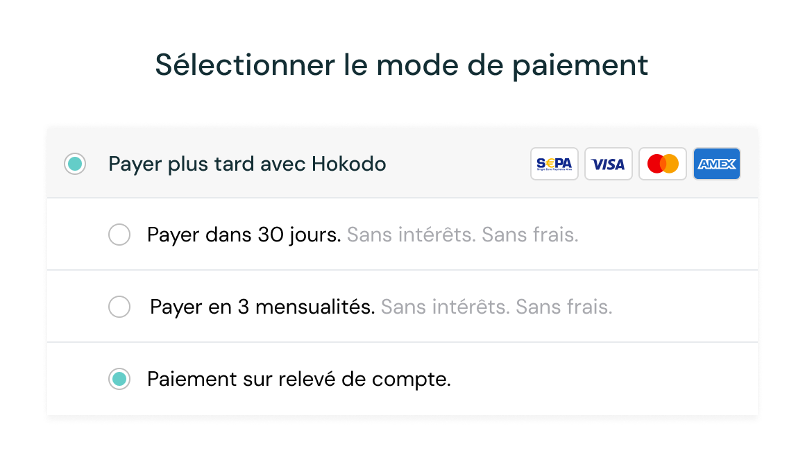 Page de paiement d'un commerce électronique interentreprises présentant une série d'options de paiement, notamment "Payez dans les 30 jours", "Payez en plusieurs fois" et "Payez sur facture".