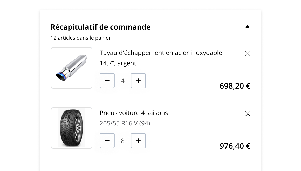 Page de paiement d'un e-commerce B2B montrant un panier avec des articles prêts à être réglés.