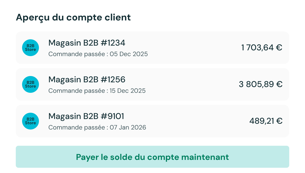 Page du portail de l'acheteur présentant une vue d'ensemble du compte commercial, les commandes récentes et l'option de paiement immédiat du solde du compte.