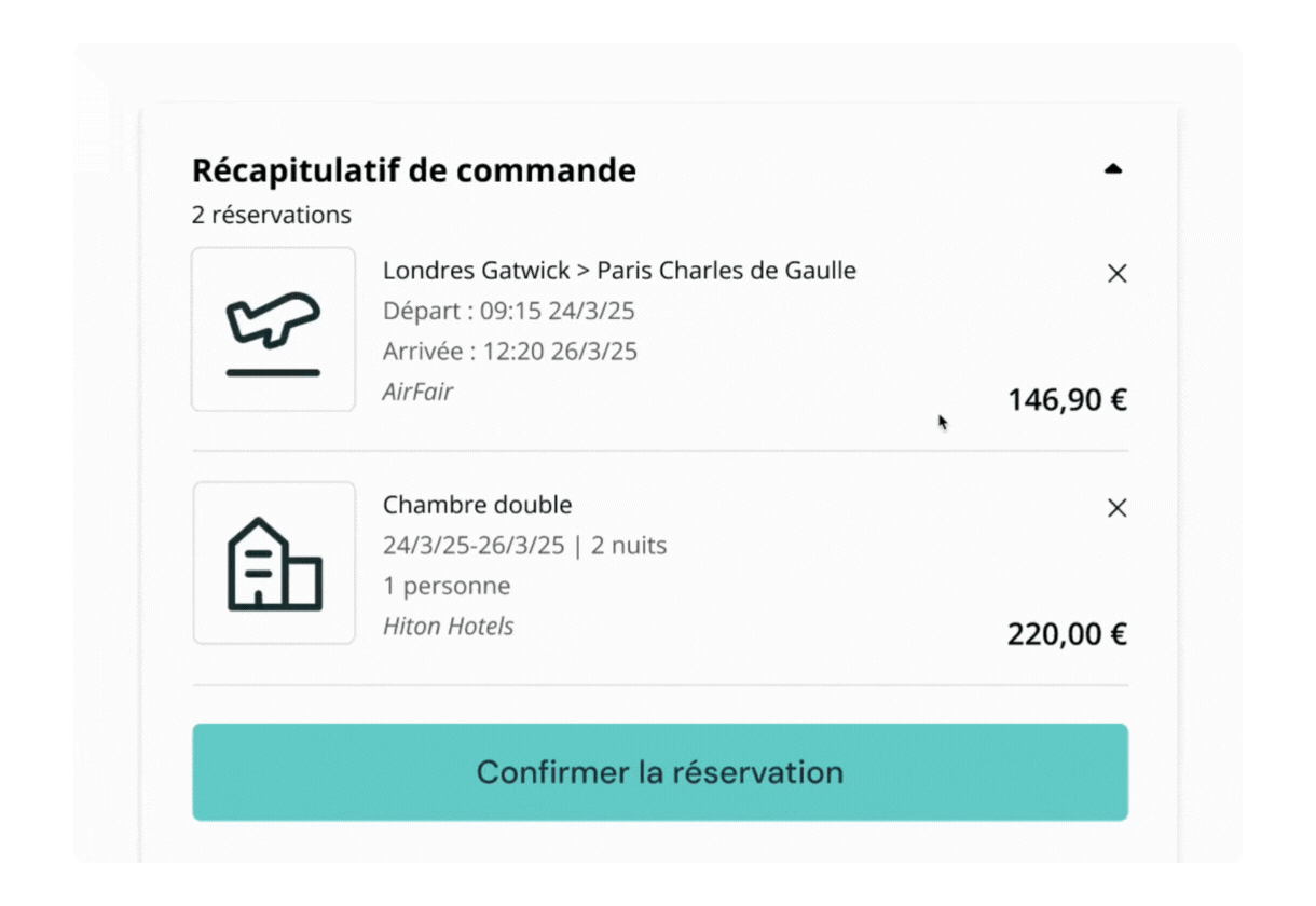 GIF animé montrant le processus de paiement avec des délais de paiement. Montre le récapitulatif de la commande, la sélection des options de paiement, la confirmation de la commande, le traitement du paiement et le message de remerciement.