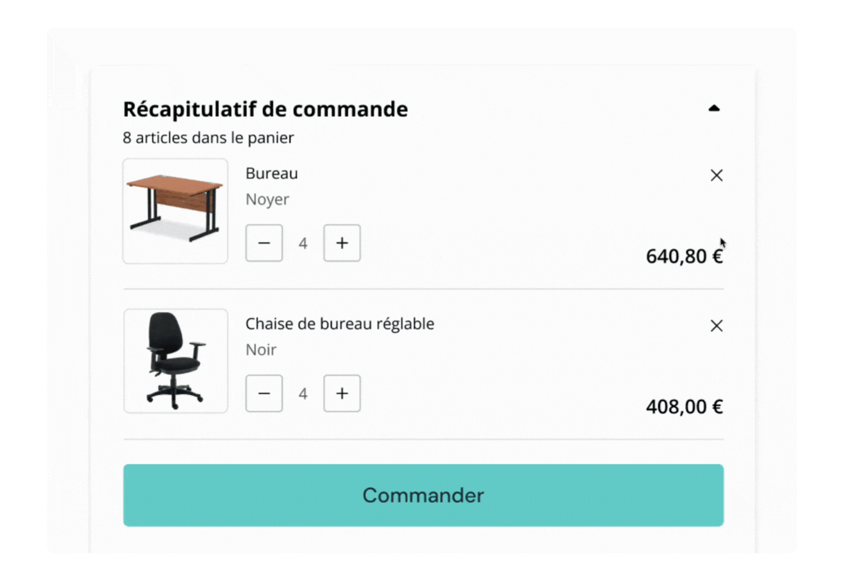 GIF animé montrant le processus de paiement avec des délais de paiement. Montre le récapitulatif de la commande, la sélection des options de paiement, la confirmation de la commande, le traitement du paiement et le message de remerciement.