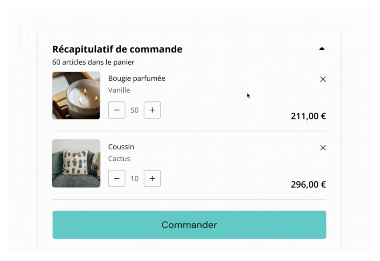 GIF animé montrant le processus de paiement avec des délais de paiement. Montre le récapitulatif de la commande, la sélection des options de paiement, la confirmation de la commande, le traitement du paiement et le message de remerciement.