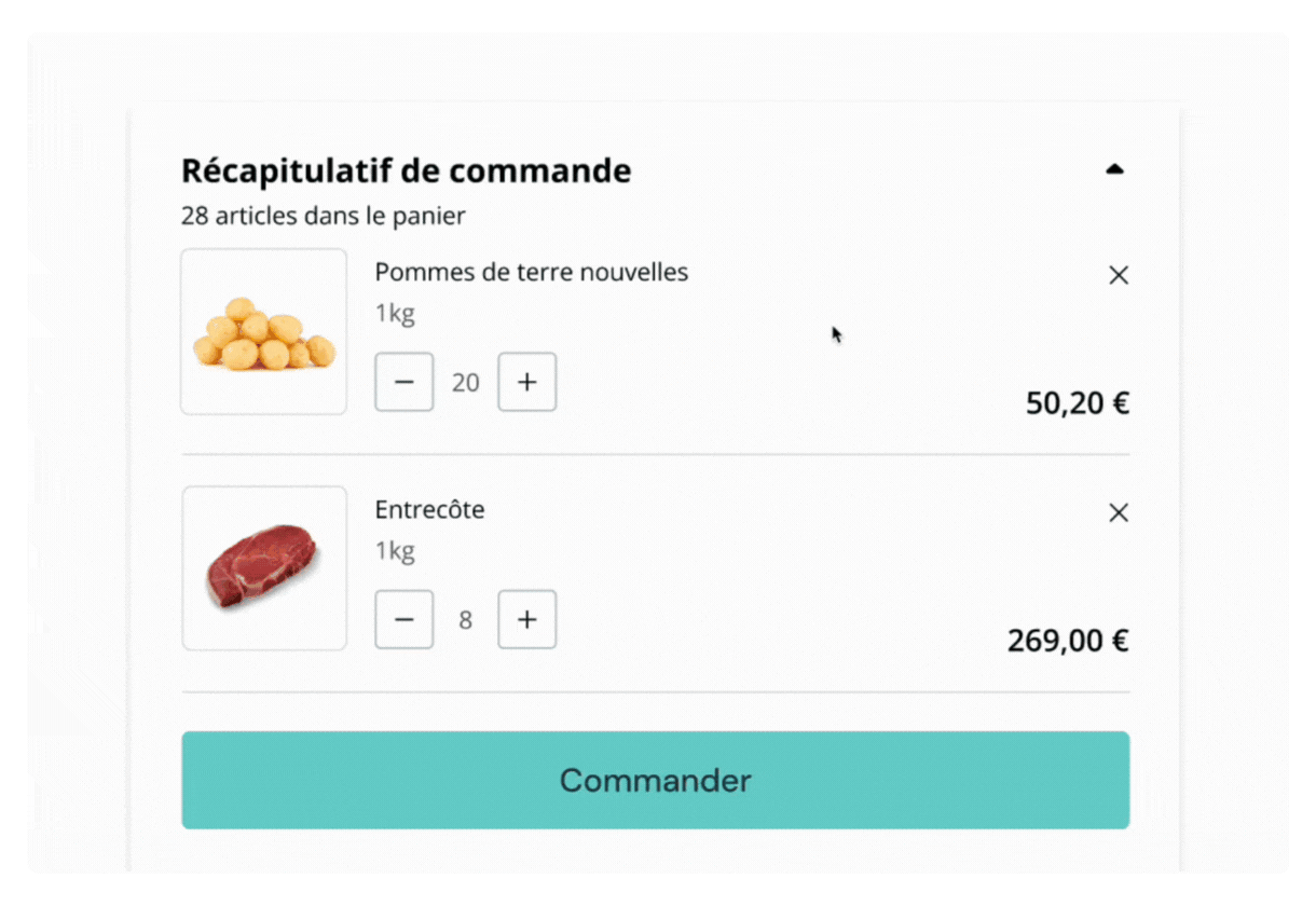 GIF animé montrant le processus de paiement avec des délais de paiement. Montre le récapitulatif de la commande, la sélection des options de paiement, la confirmation de la commande, le traitement du paiement et le message de remerciement.