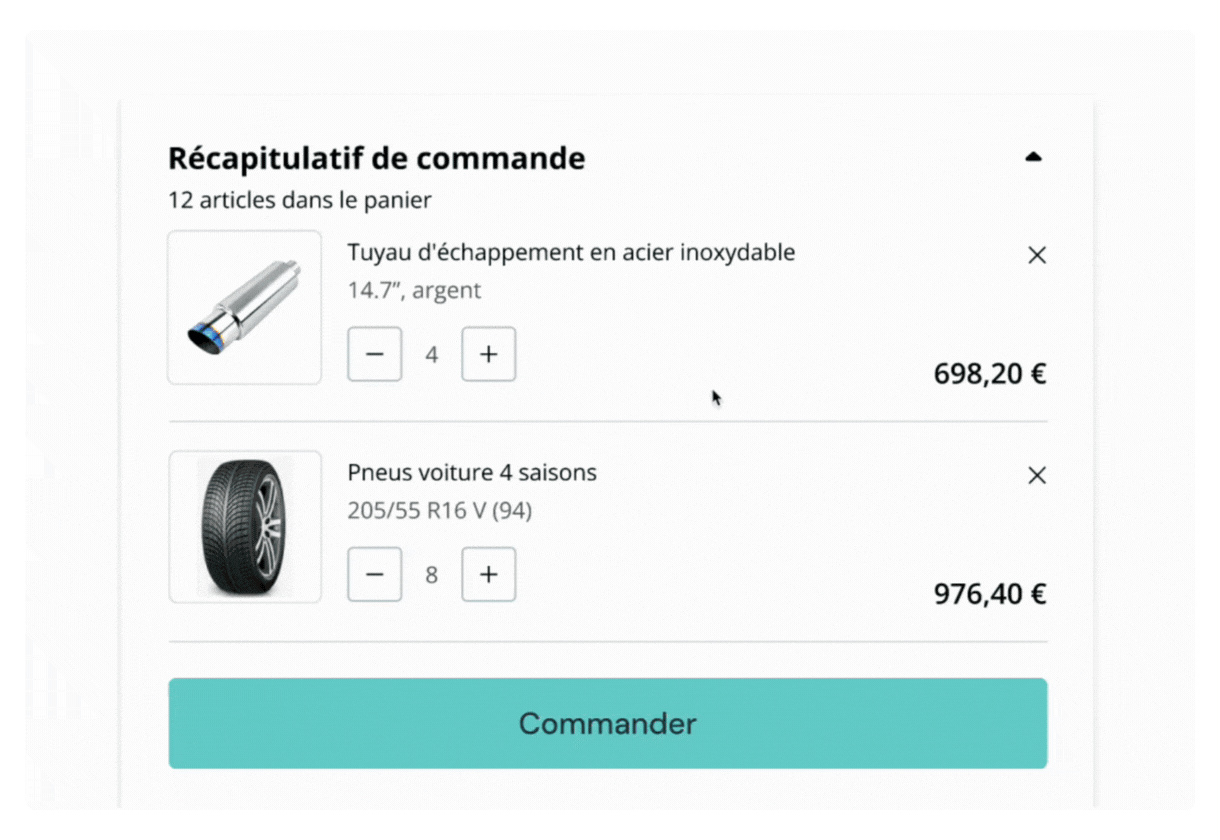 GIF animé montrant le processus de paiement avec des délais de paiement. Montre le récapitulatif de la commande, la sélection des options de paiement, la confirmation de la commande, le traitement du paiement et le message de remerciement.