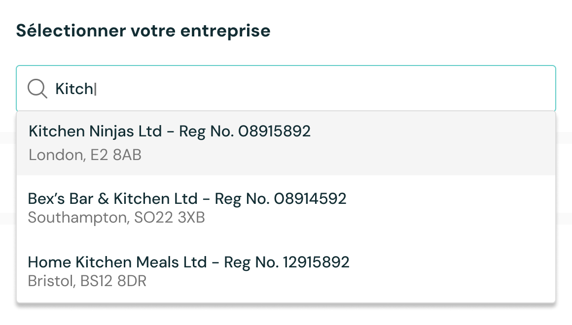 Interface de paiement en ligne avec un menu déroulant "Trouvez votre entreprise" affichant une liste d'entreprises parmi lesquelles le client peut choisir.