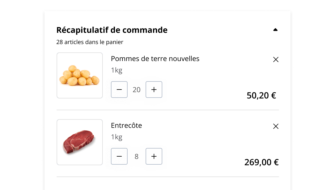 Page de paiement d'un e-commerce B2B montrant un panier avec des articles prêts à être réglés.