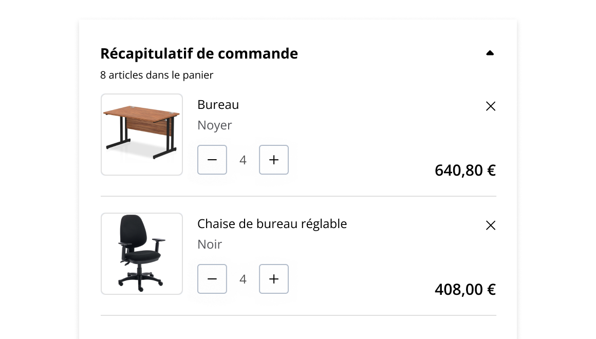 Page de paiement d'un e-commerce B2B montrant un panier avec des articles prêts à être réglés.
