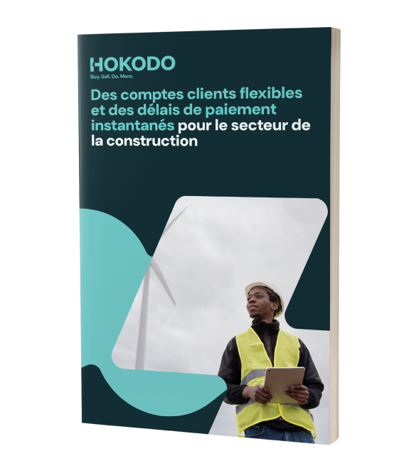 Maquette de couverture de brochure portant le titre “Comptes clients flexibles et délais de paiement instantanées pour le secteur de la construction”.