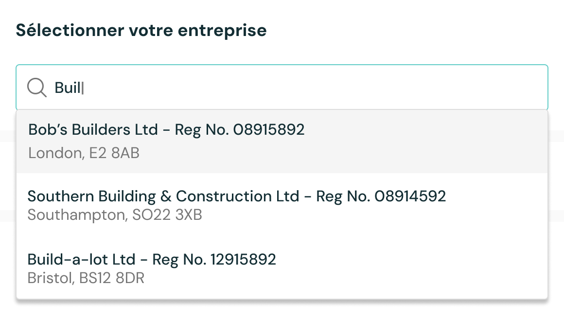 Interface de paiement en ligne avec un menu déroulant "Trouvez votre entreprise" affichant une liste d'entreprises parmi lesquelles le client peut choisir.