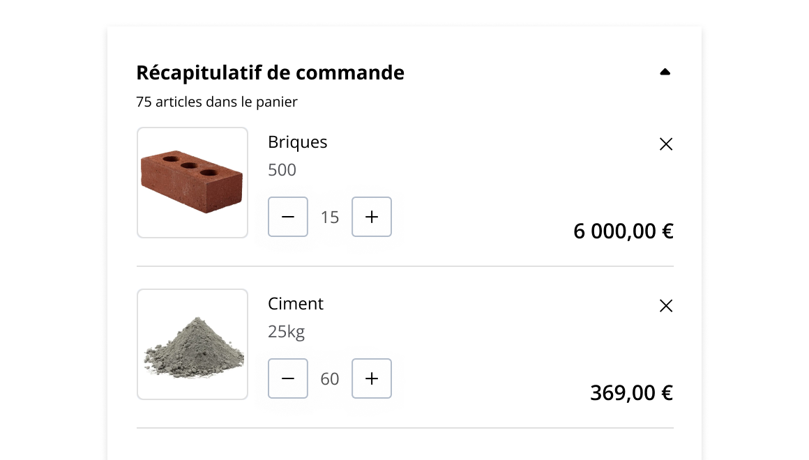 Page de paiement d'un e-commerce B2B montrant un panier avec des articles prêts à être réglés.