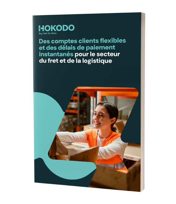 Maquette de couverture de brochure portant le titre “Comptes clients flexibles et délais de paiement instantanées pour l'industrie du fret et de la logistique”.