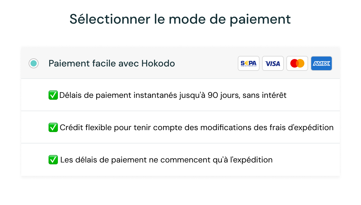 Page de paiement d’un site e-commerce B2B montrant l'option de paiement différé avec Hokodo et des informations sur l’absence d’intérêt, la flexibilité du crédit et la date de début du délai de paiement.