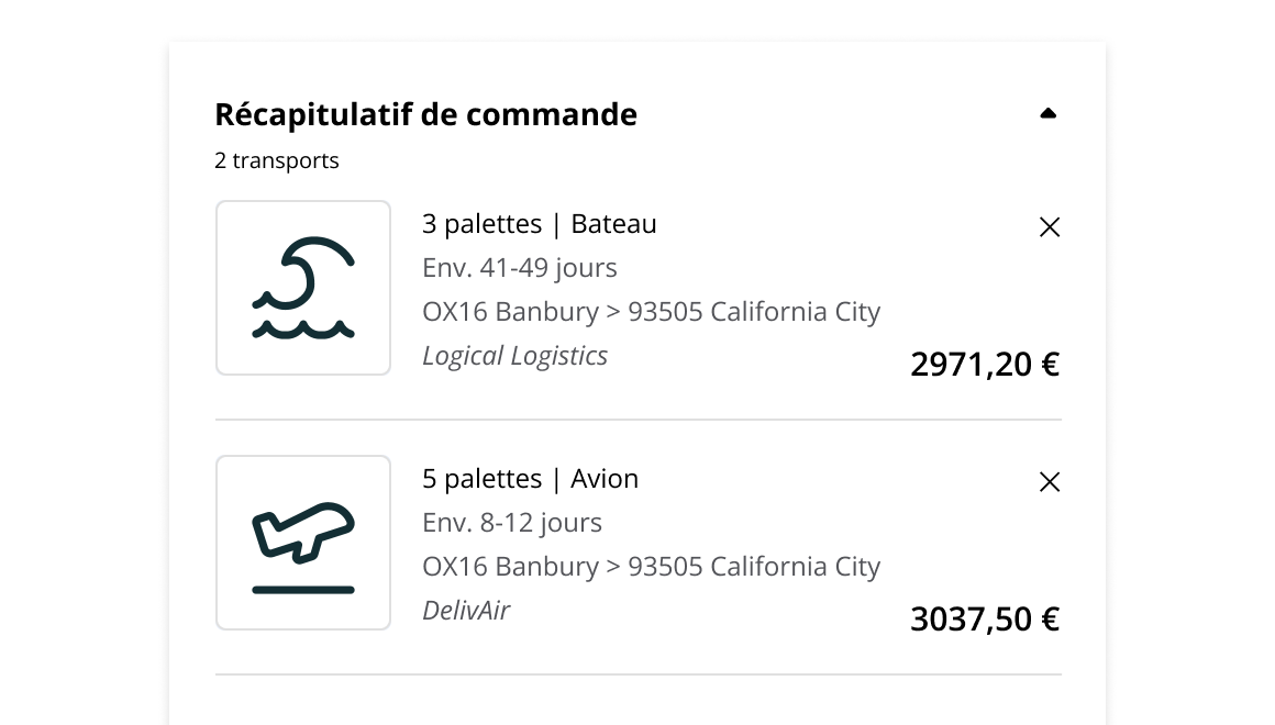Page de paiement d'une réservation de fret montrant le panier avec le transport prêt à être payé.