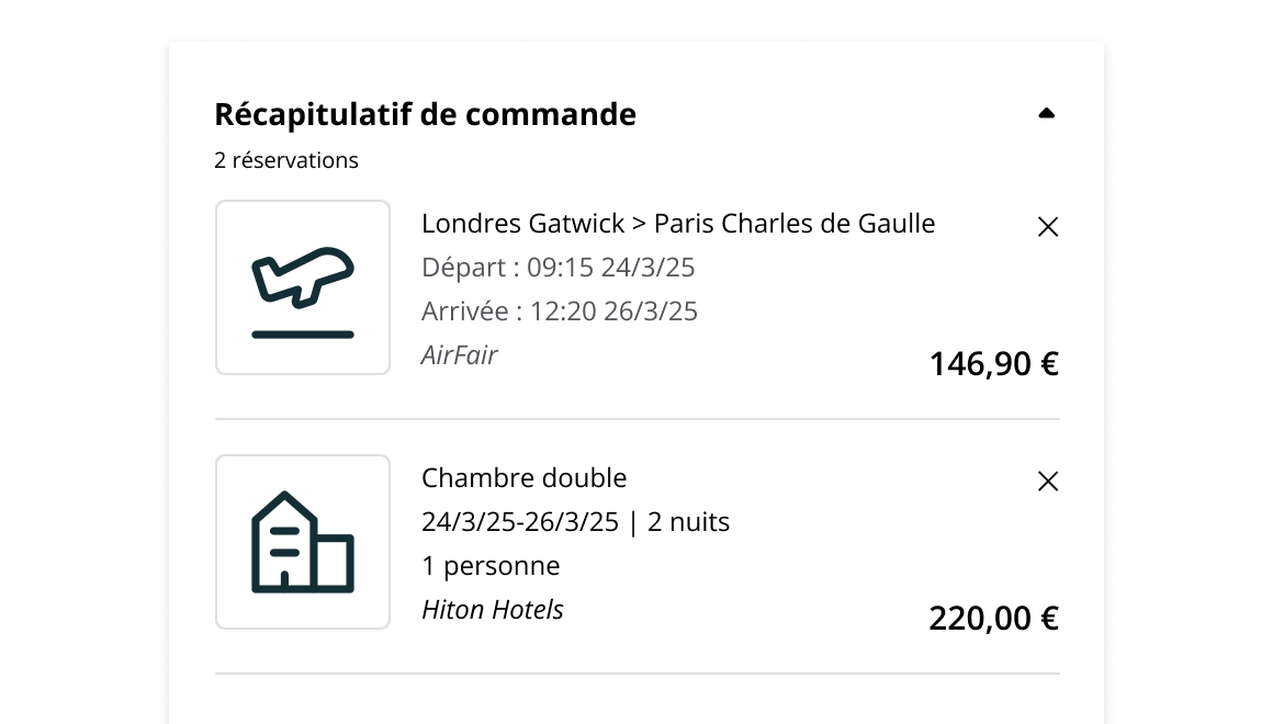 Page de paiement pour des voyages d'affaires montrant un panier avec des réservations prêtes à être confirmées.
