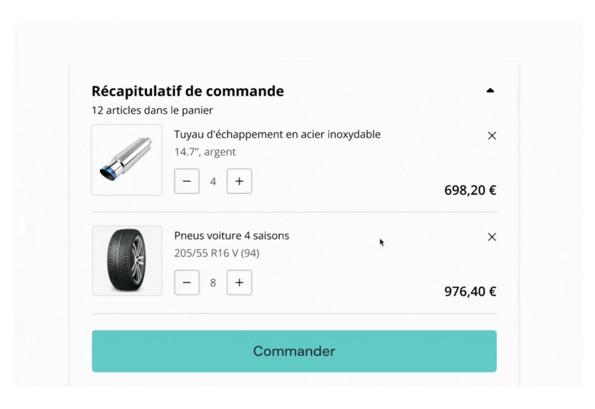 GIF animé illustrant le processus de paiement échelonné. Montre le récapitulatif de la commande, la sélection des options de paiement, la confirmation de la commande, le traitement du paiement et le message de remerciement.