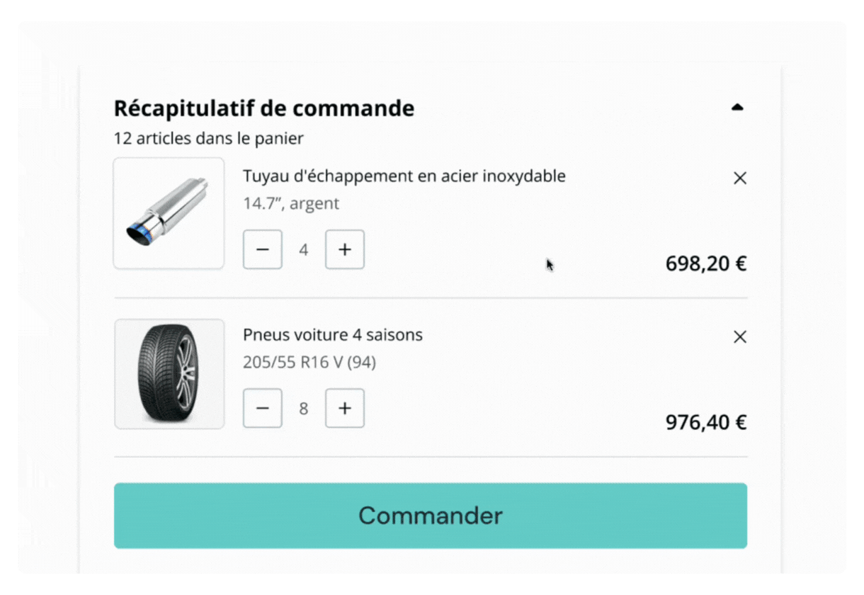 GIF animé illustrant le processus de paiement pour la solution Pay Now & Pay Later de Hokodo. Il montre le récapitulatif de la commande, la sélection des options de paiement, la confirmation de la commande, le traitement du paiement et le message de remerciement.