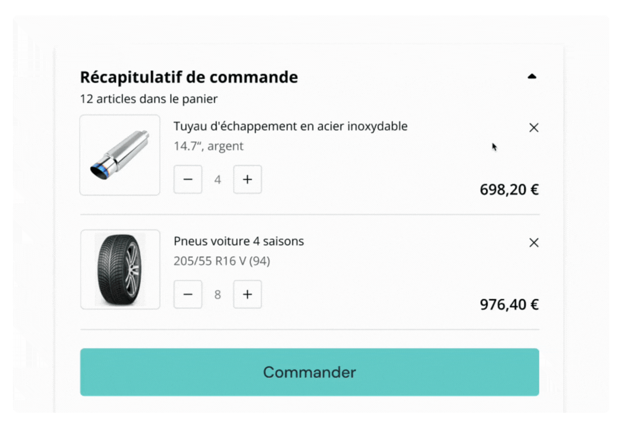 GIF animé illustrant le processus de paiement avec les comptes clients de Hokodo. Montre le récapitulatif de la commande, la sélection des options de paiement, la confirmation de la commande, le traitement du paiement et le message de remerciement.