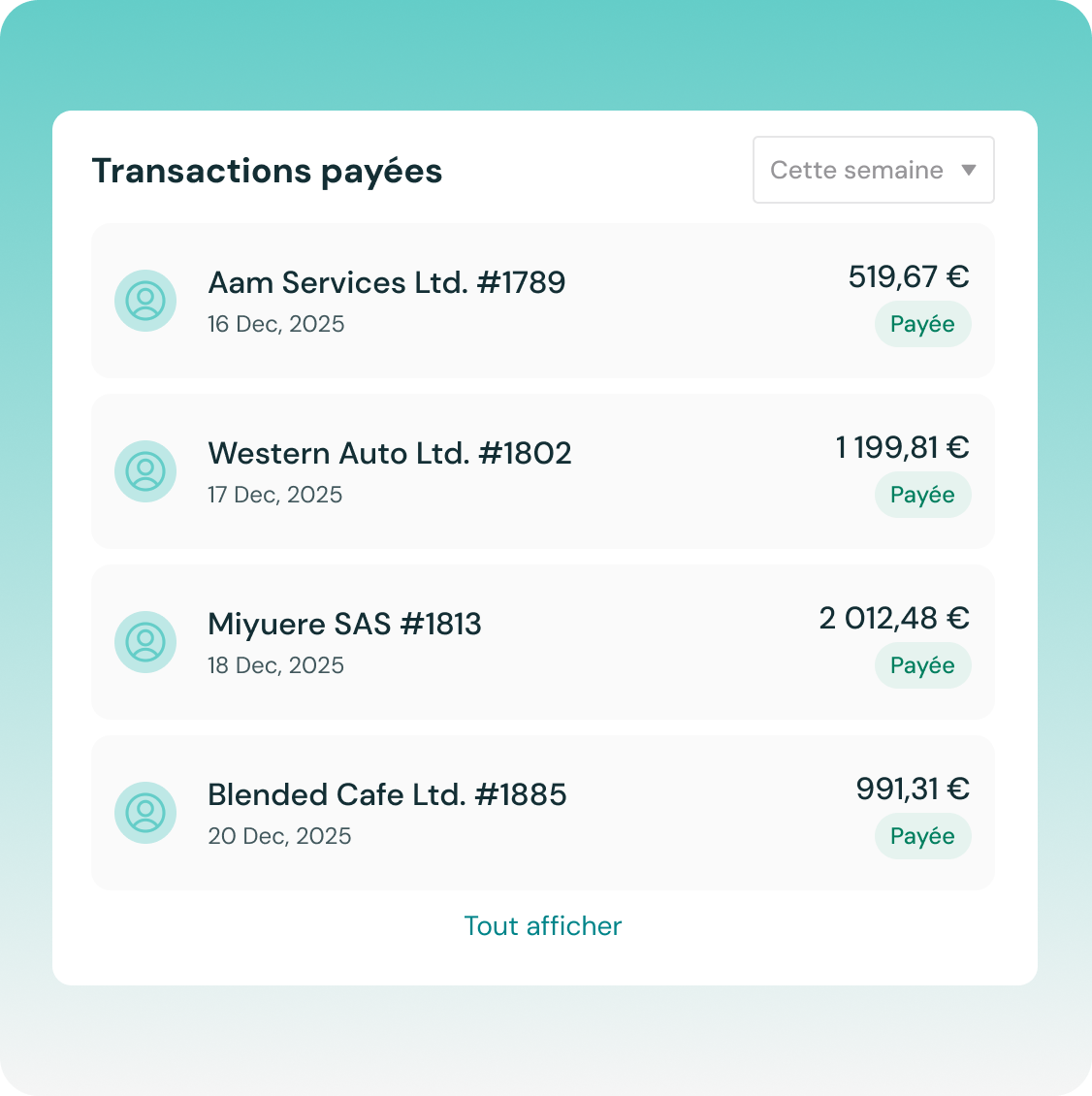 Portail présentant aux commerçants B2B l'ensemble de leurs commandes réglées.