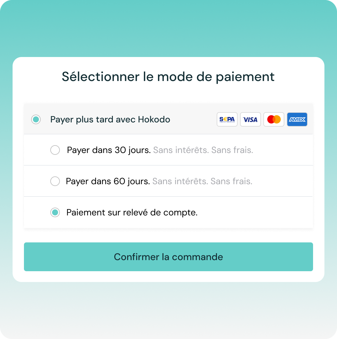 Graphique montrant les conditions de paiement disponibles pour un acheteur B2B. L'option "paiement sur facture" est sélectionnée.